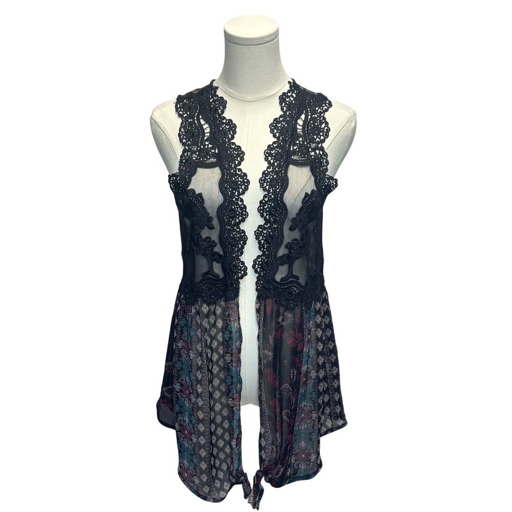 Whimsigoth Patchwork Lace Trim Boho Kimono Vest Black Floral Sheer Top Hippie S